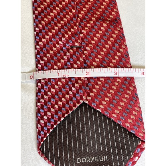 DORMEUIL Paris Men's 100% Silk Tie‎ ~ Red & Blue Geometric ~ - Picture 7 of 7
